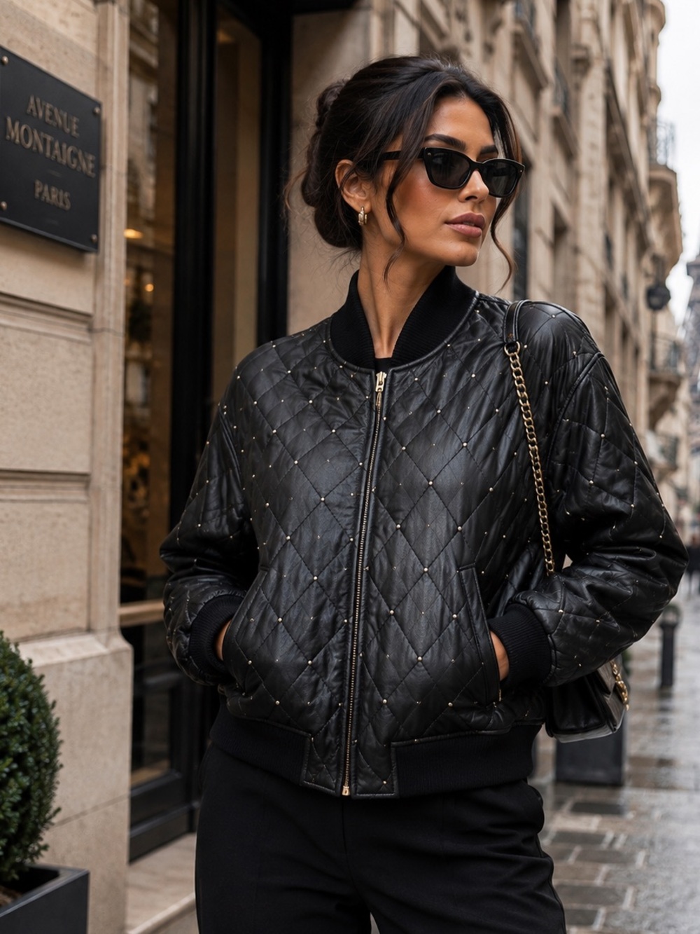 Vintage Quilted Black leather Bomber Jacket with Gold Stud Detail size 8